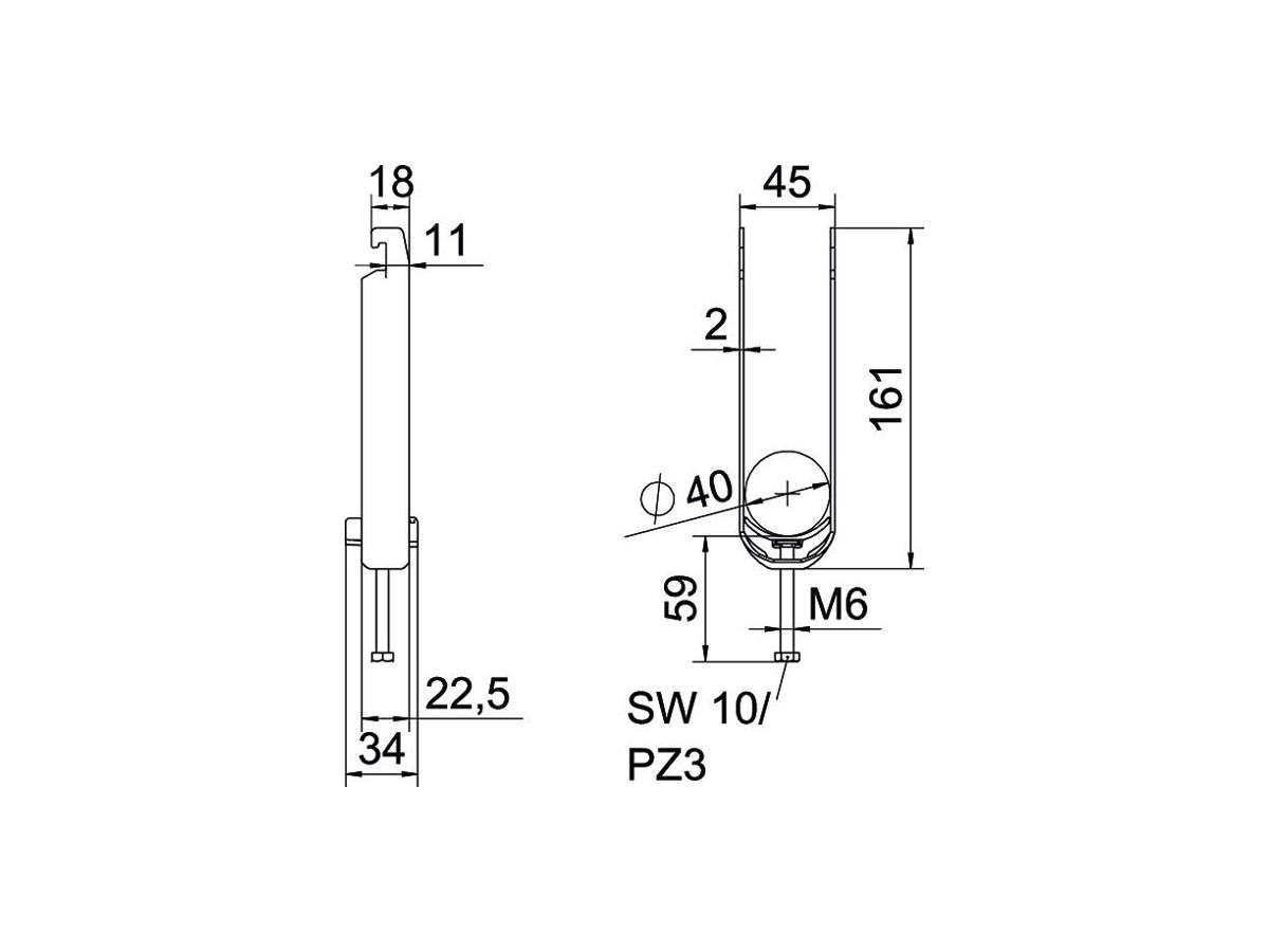 Schnellverleger BET 2056 U-Fuss Kunststoff 34…40mm 3×Kabel Stahl tfZn