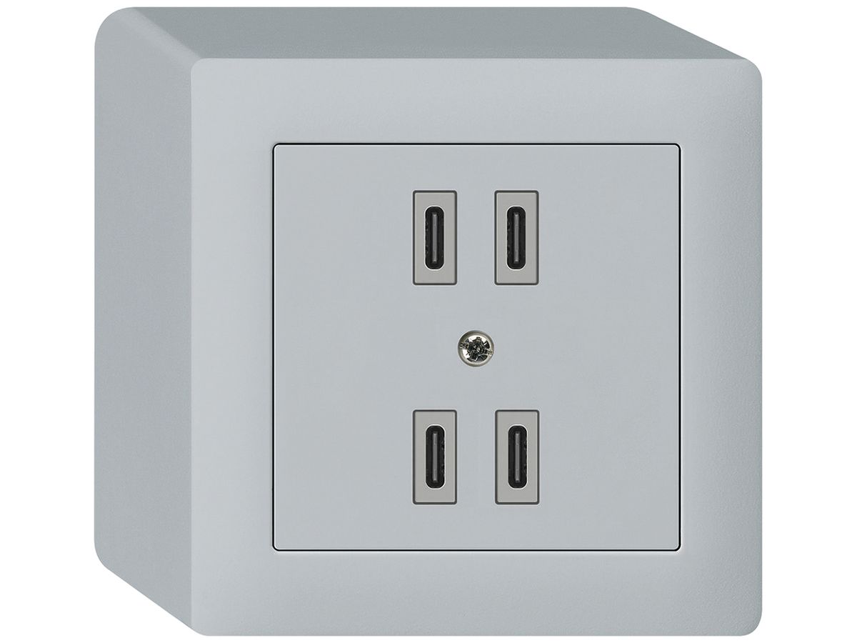 AP-USB-Ladesteckdose Hager kallysto 2×C-C 2×20W oder 4×10W 5V 86×86mm grau