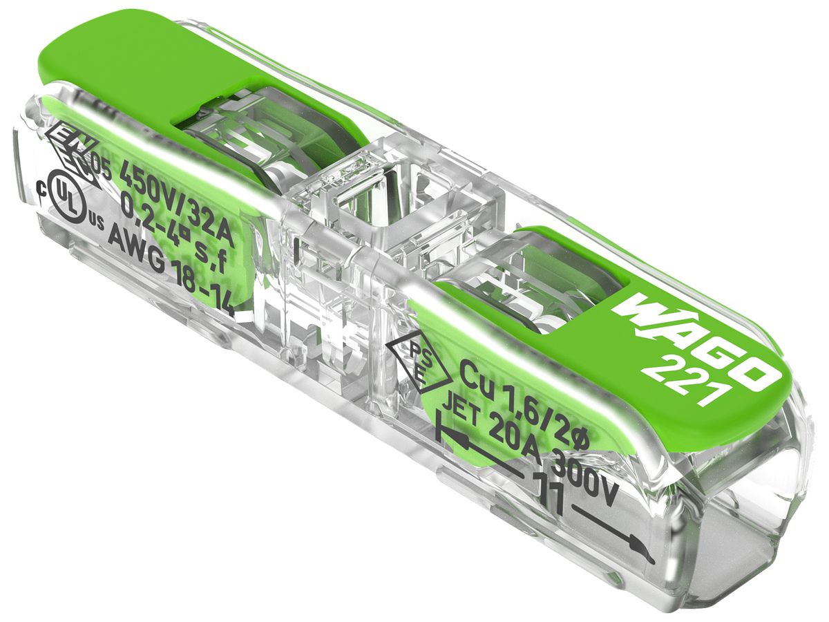 Verbindungsklemme WAGO Green Range 2L 0.34…4mm² mit Hebel gn Transparent