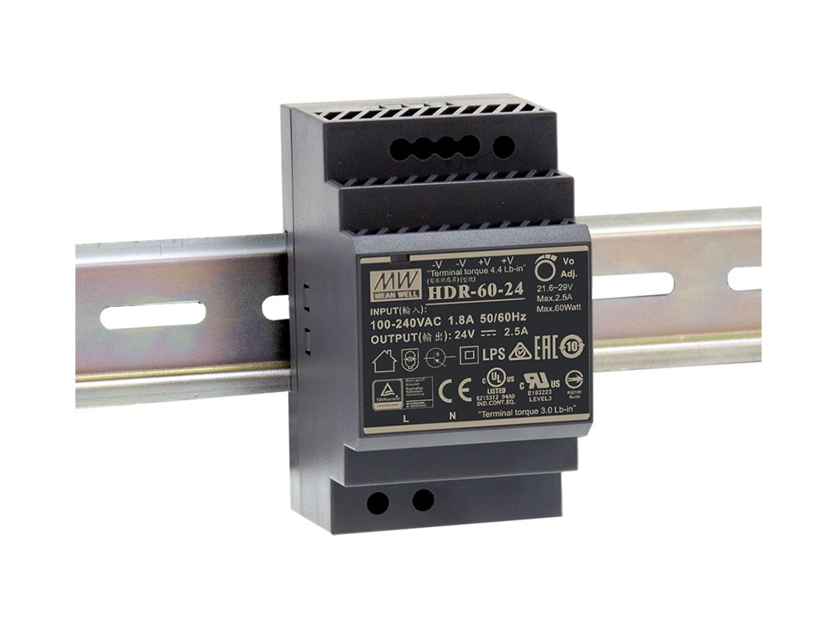 REG-Schaltnetzteil MEAN WELL HDR-60-24, IN: 85…264VAC, OUT: 24VDC/60W, 3TE