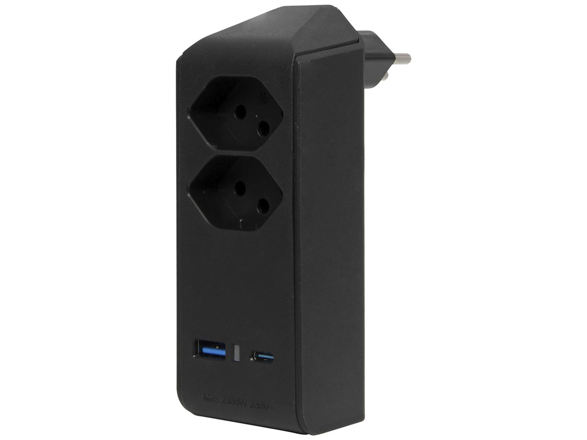 Abzweigstecker cleverLINE 2×T13 1×USB-A 1×USB-C 300° ohne Aufhänger schwarz