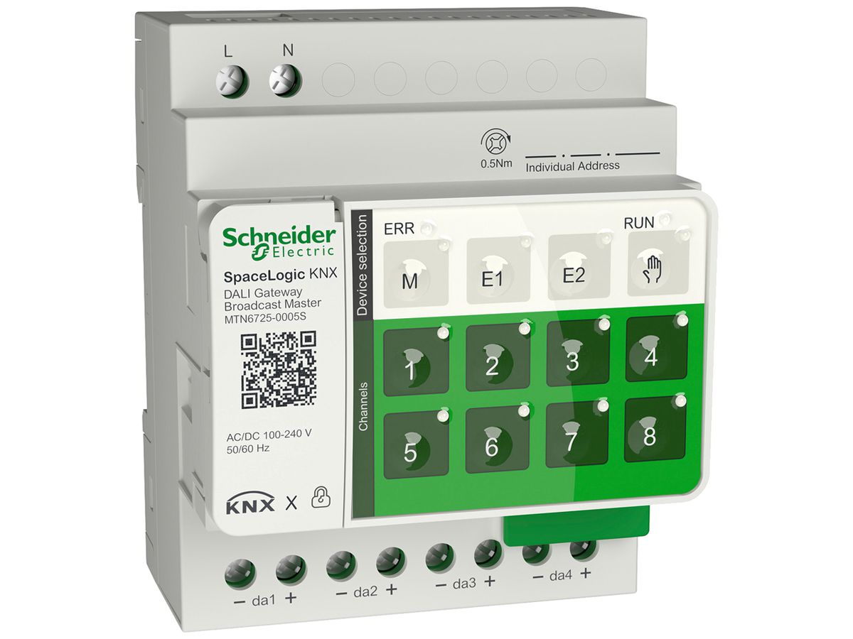 REG-Gateway KNX/DALI SpaceLogic Beleucht./DALI 4 Geräte/Kanal 100…240V IP20 4TE