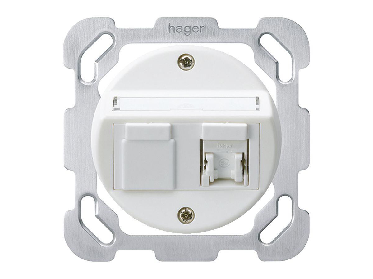 UP-Einsatz basico B Kat.5e 1×RJ45/u mit Befestigungsplatte Schrägauslass weiss