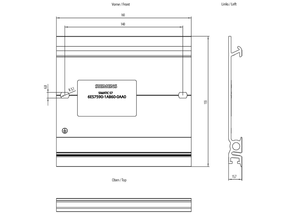 SPS-Profilschiene 6.3" Siemens SIMATIC S7-1500, mit Erdungsschraube