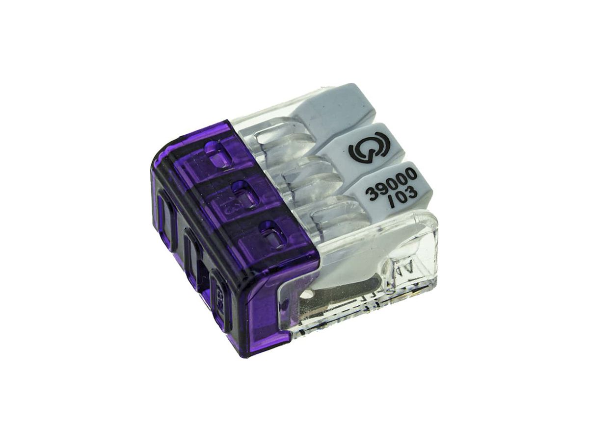 Verbindungsklemme Woertz 3P 0.2…2.5mm² mit Betätigungshebeln violett transparent