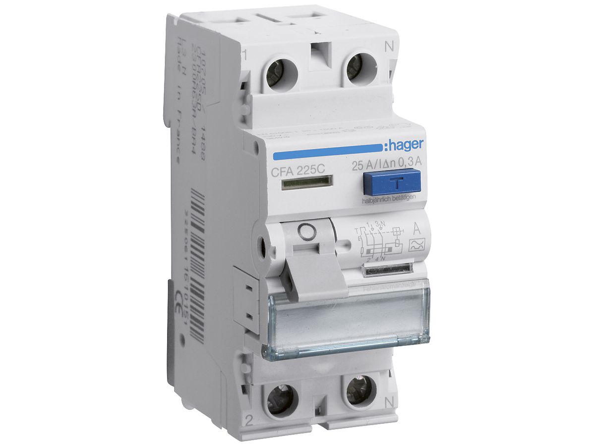 Fehlerstrom-Schutzschalter Hager RCCB (RCD) 2P 230V 0.3A Typ A 25A 2TE