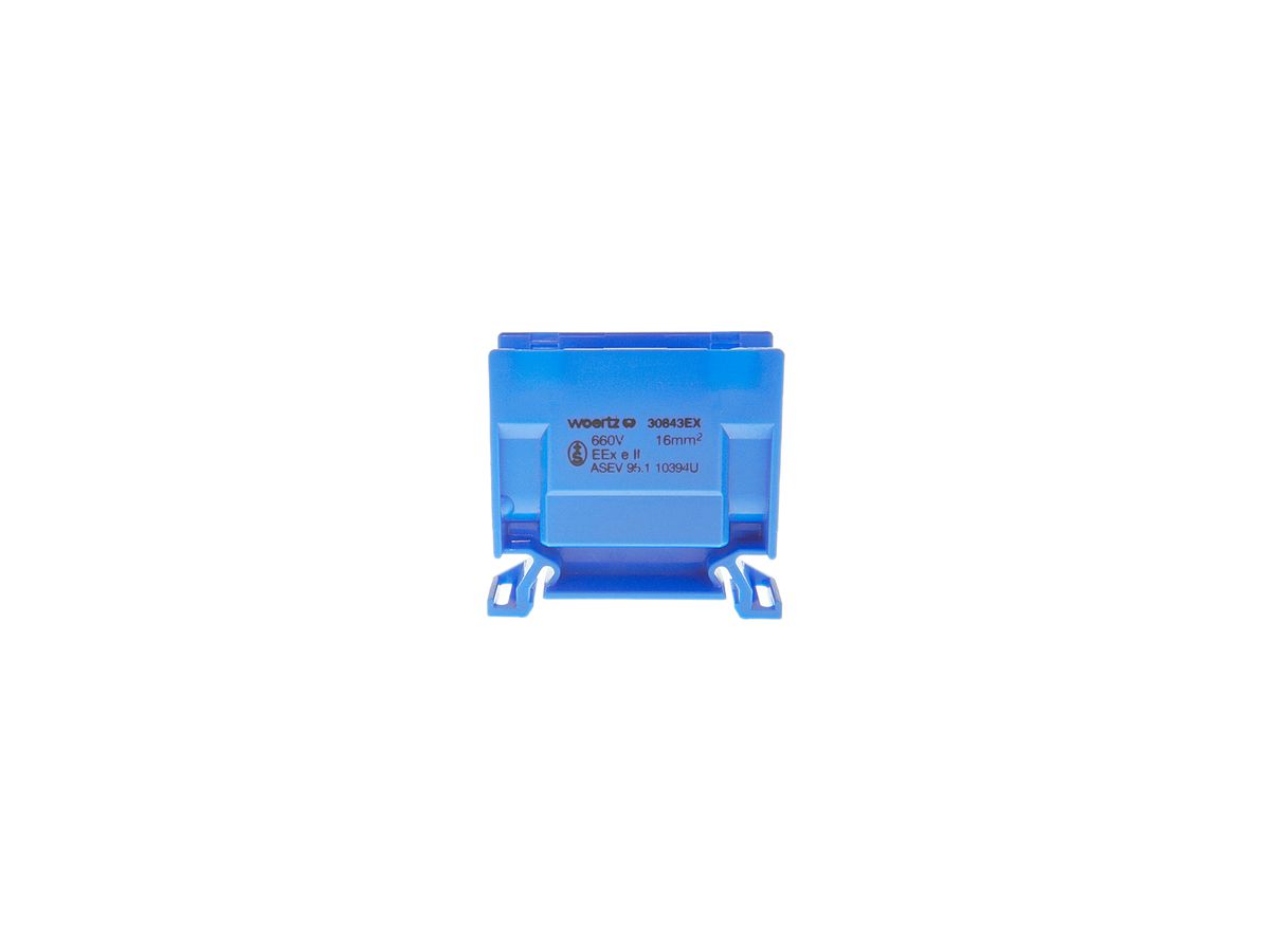 Abzweigklemme Woertz Ex 6…16mm² 76A 750V Schraubanschluss 2×1 TH35 blau
