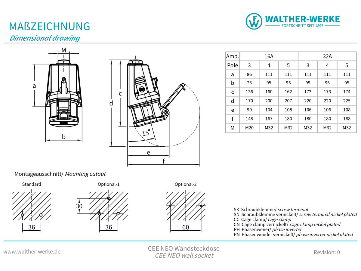 AP-Steckdose CEE NEO 3P 16A 200…250V 6h blau IP54 Schraubklemme