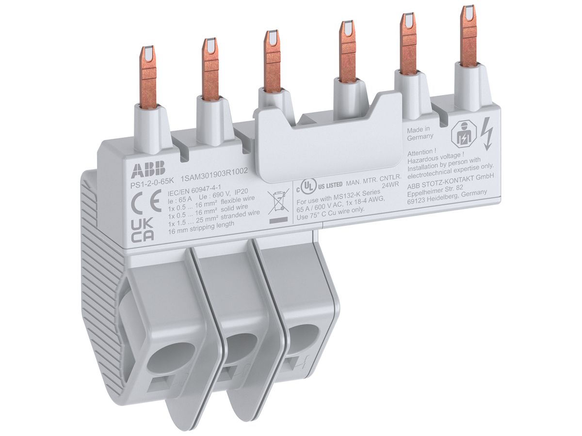 Phasenschiene ABB PS1-2-0-65K, für 2×MS132-K 3L 65A 86.7mm Push-In