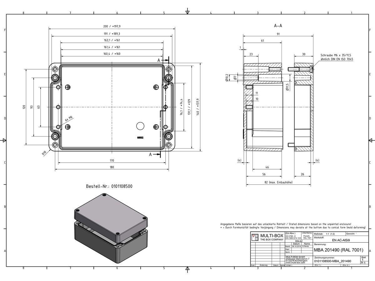 Aluminiumgehäuse SWIB ENSTO AG 140×200×90mm IP66 grau