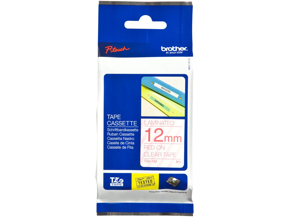 Schriftbandkassette Brother TZe-132 12mm×8m, transparent-rot