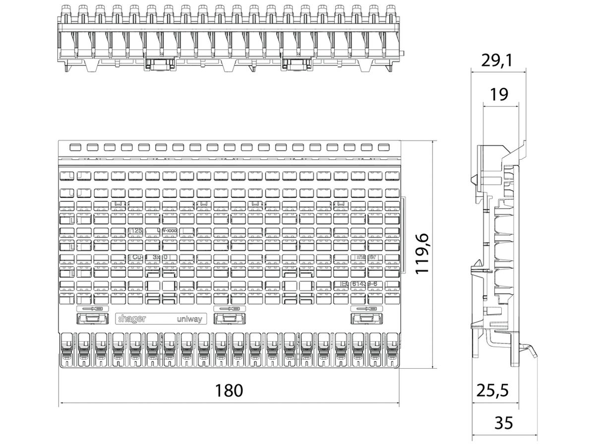 Stecksockel Hager uniway 125A 180mm 20 Steckplätze f.Sammelschienen 10×3mm 8 Stk