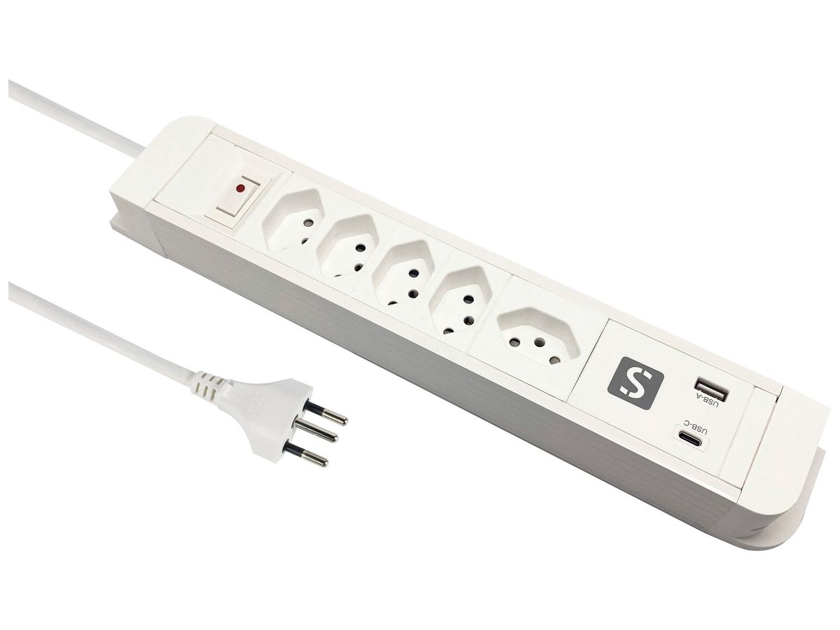 Steckdosenleiste 10A m.Ein-/Ausschalter 5×T13 1×USB-A 1×USB-C weiss