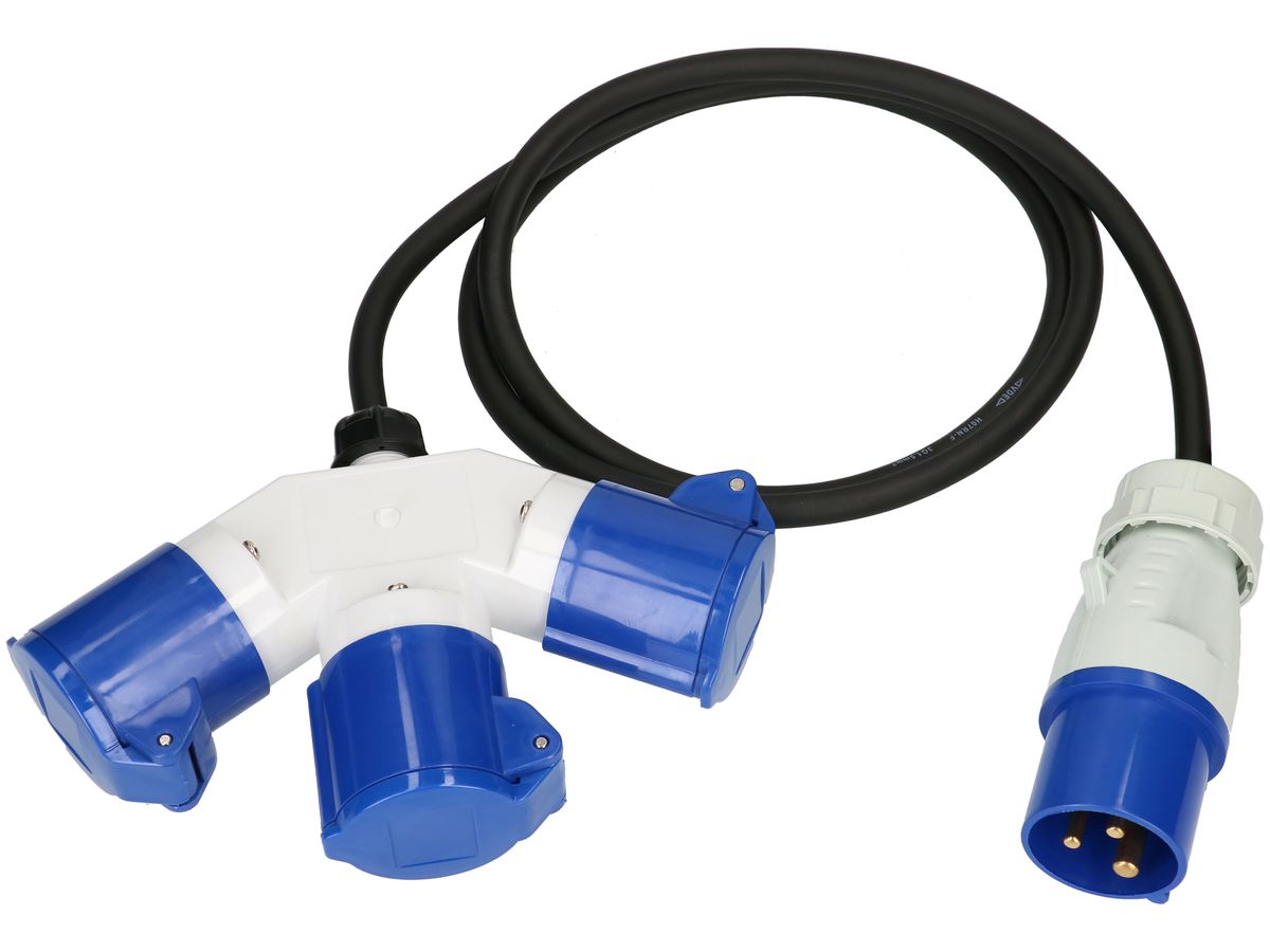 Verlängerung MH CEE16A/3×CEE16A blau 230V H07RN-F3G1.5mm² GDV 1.5m IP44 schwarz
