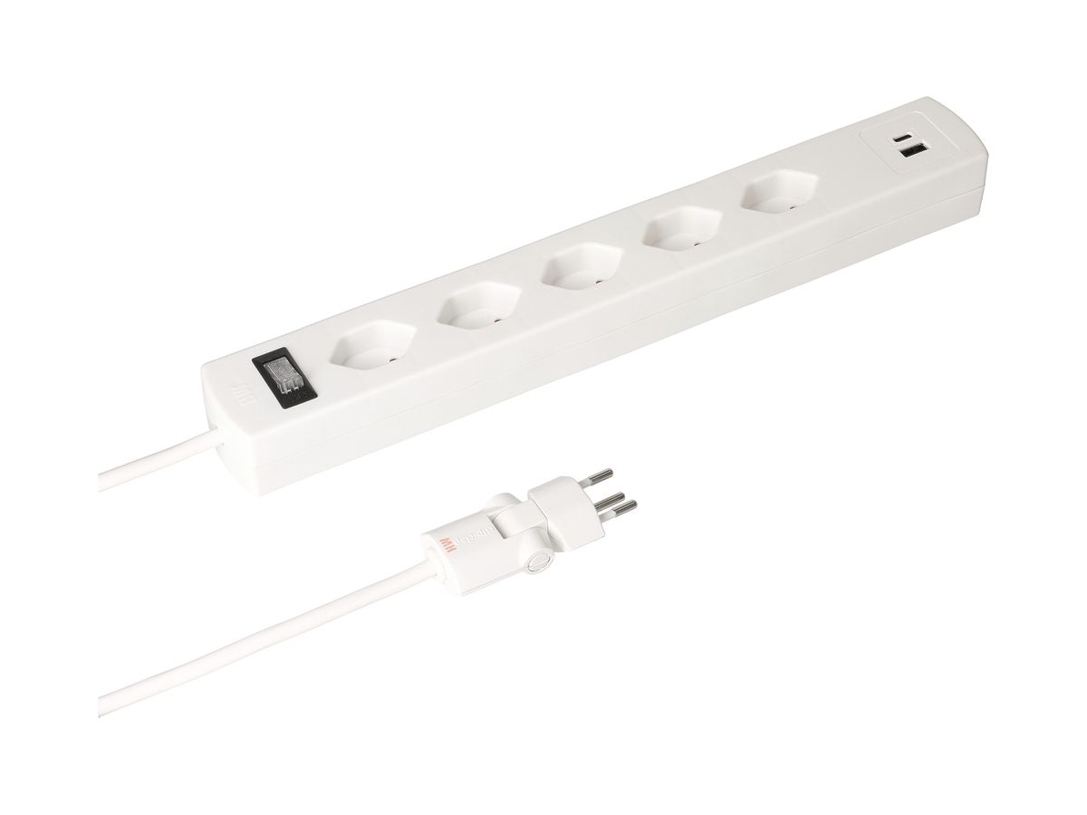 Steckdosenleiste MH Safety Line 5×T13 90° 2×USB A+C, weiss