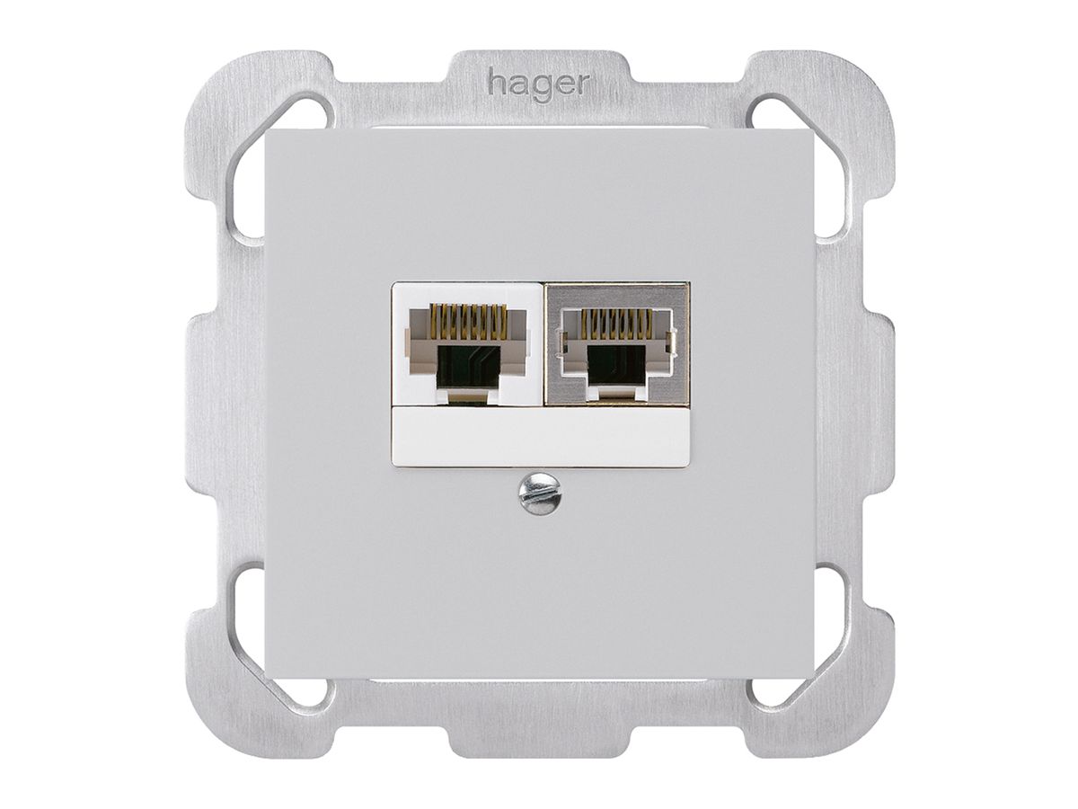 UP-Dose kallysto 2×RJ45s+u getrennt hellgrau mit Befestigungsplatte