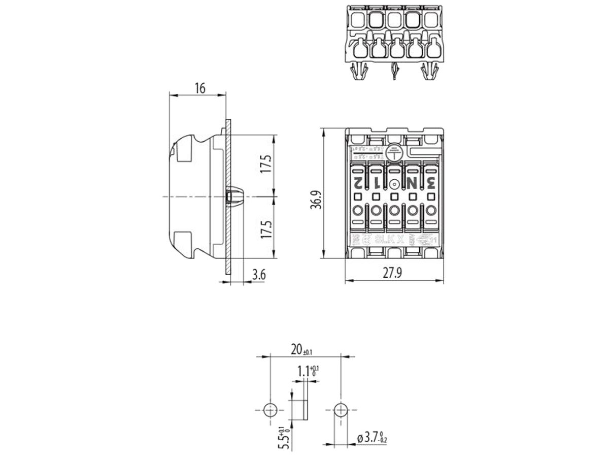 Verbindungsklemme 5P 0.5…2.5mm² "3/N/ERDE/1/2" 24A 450V ws/tr