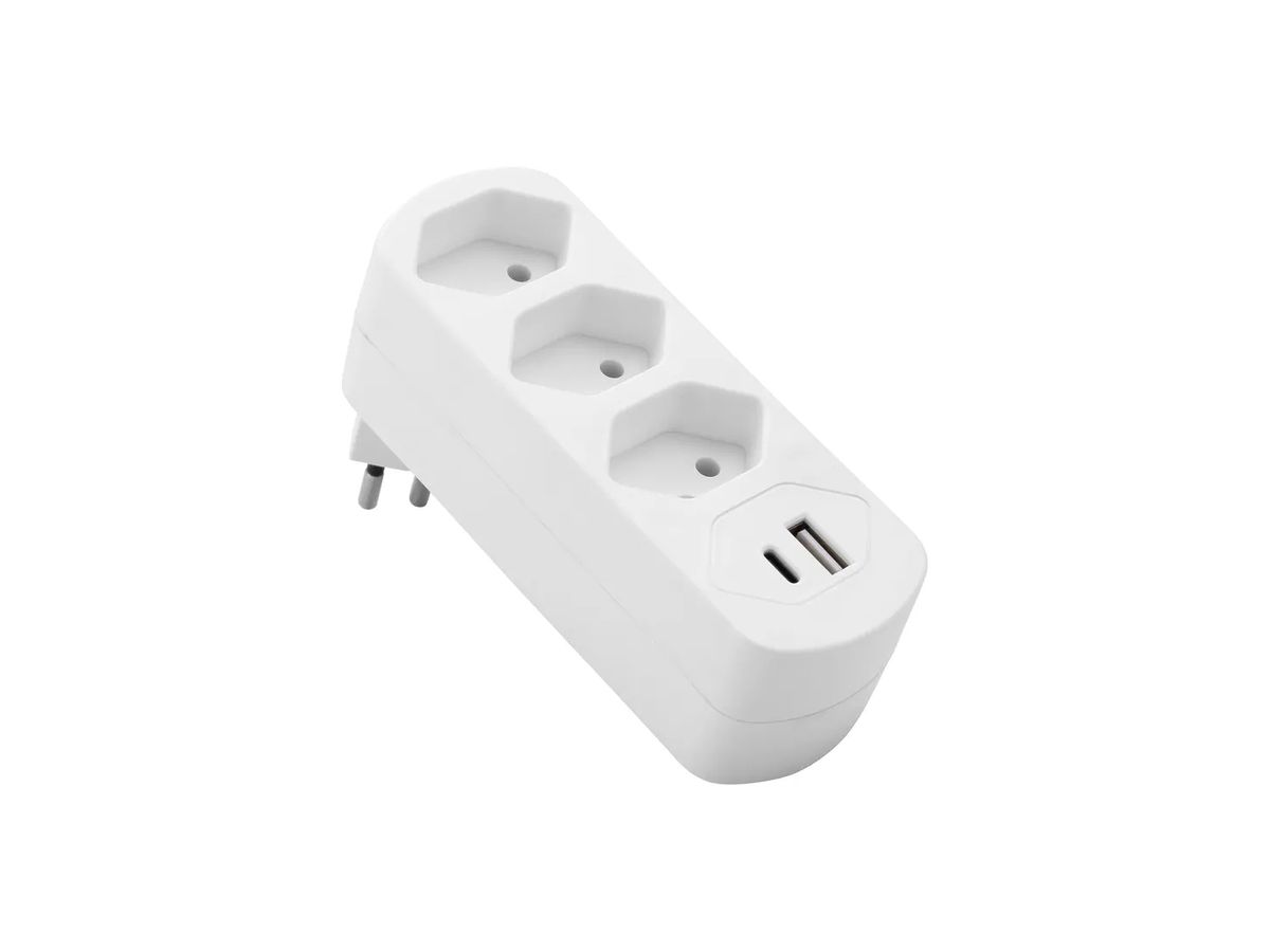 Mehrfach-Stecker ELBRO 10A 3×T13 2×USB weiss