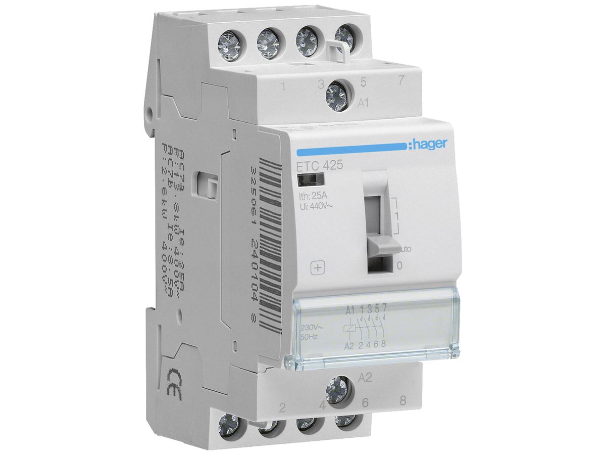 REG-Schütz Hager 230VAC 4 Schliesser 0 Öffner 25A mit Tag-/Nachtfunktion 2TE