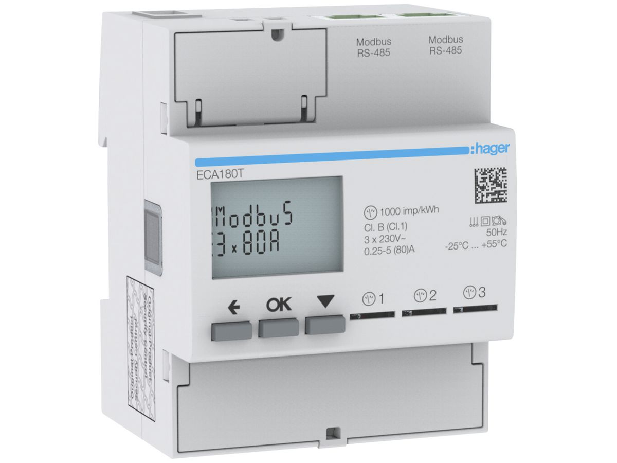 REG-Energiezähler HA ECA180T 3×1P direkt 80A Modbus RJ45 Import+Export 2T+8T