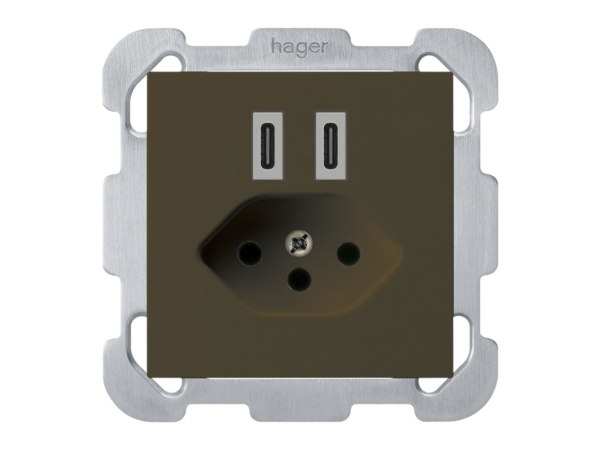 UP-USB-Ladesteckdose Hager kallysto C-C 20W+T13 5V 77×77mm braun