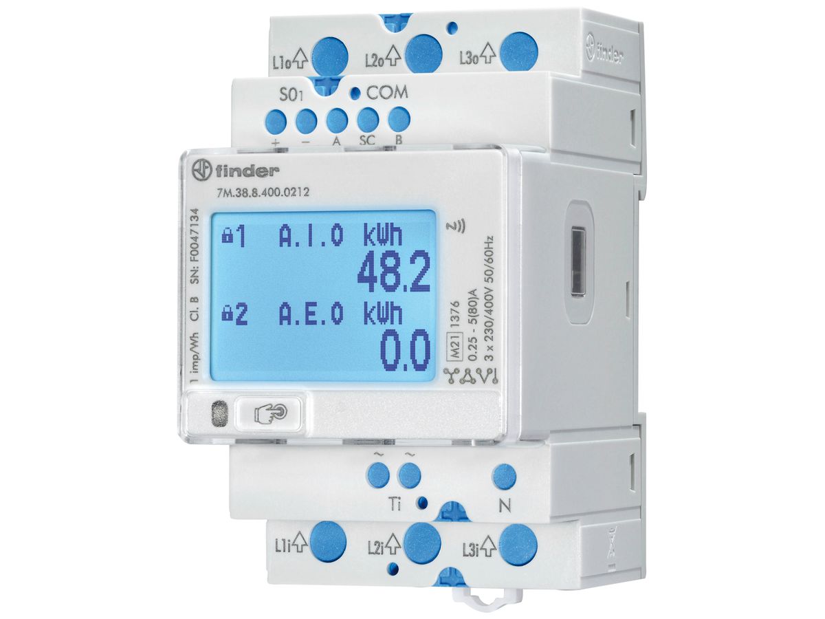 REG-Energiezähler FINDER 7M.38 3LN direkt 80A elektrisch RS-485 S0 MID-EU