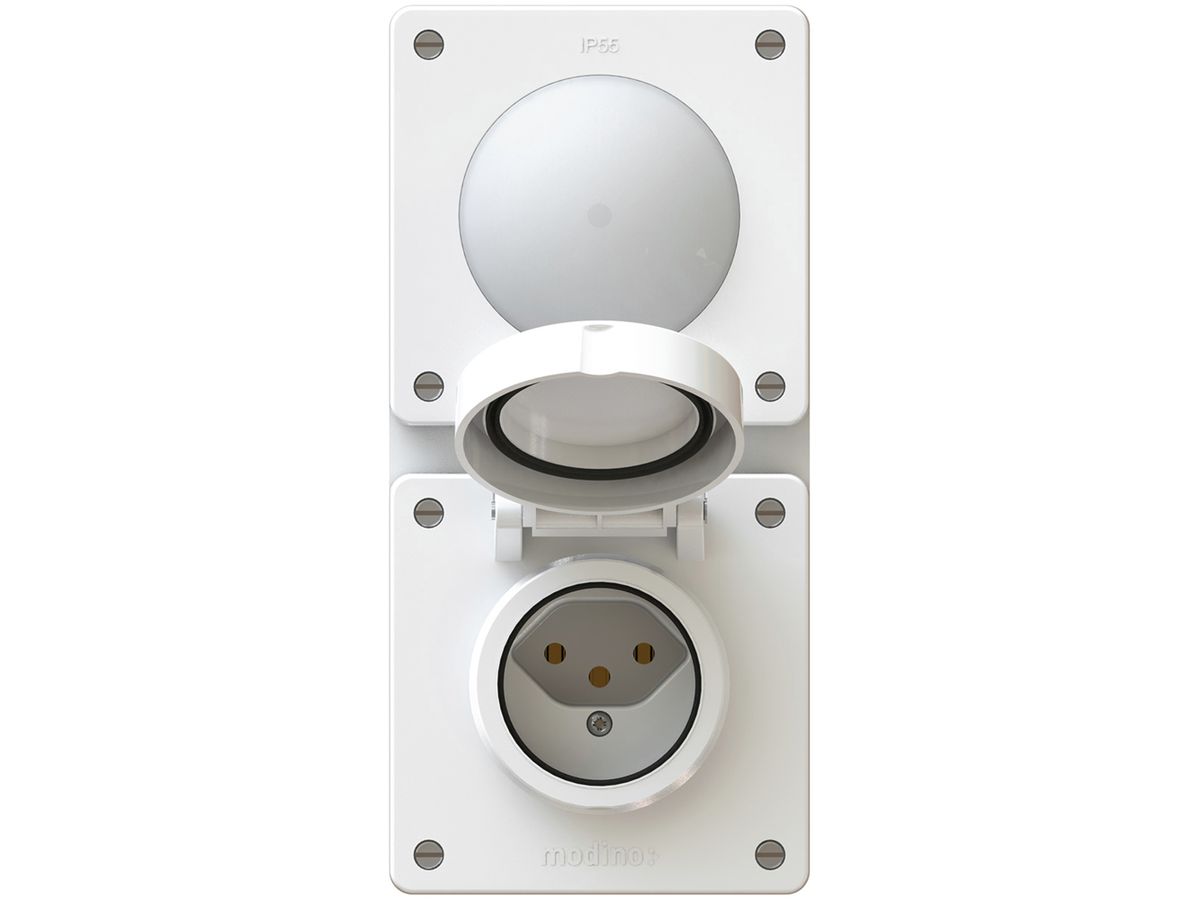 UP-Kombination EXO 2×1, Druckschalter S3 beleuchtet/Steckdose T13, IP55, weiss