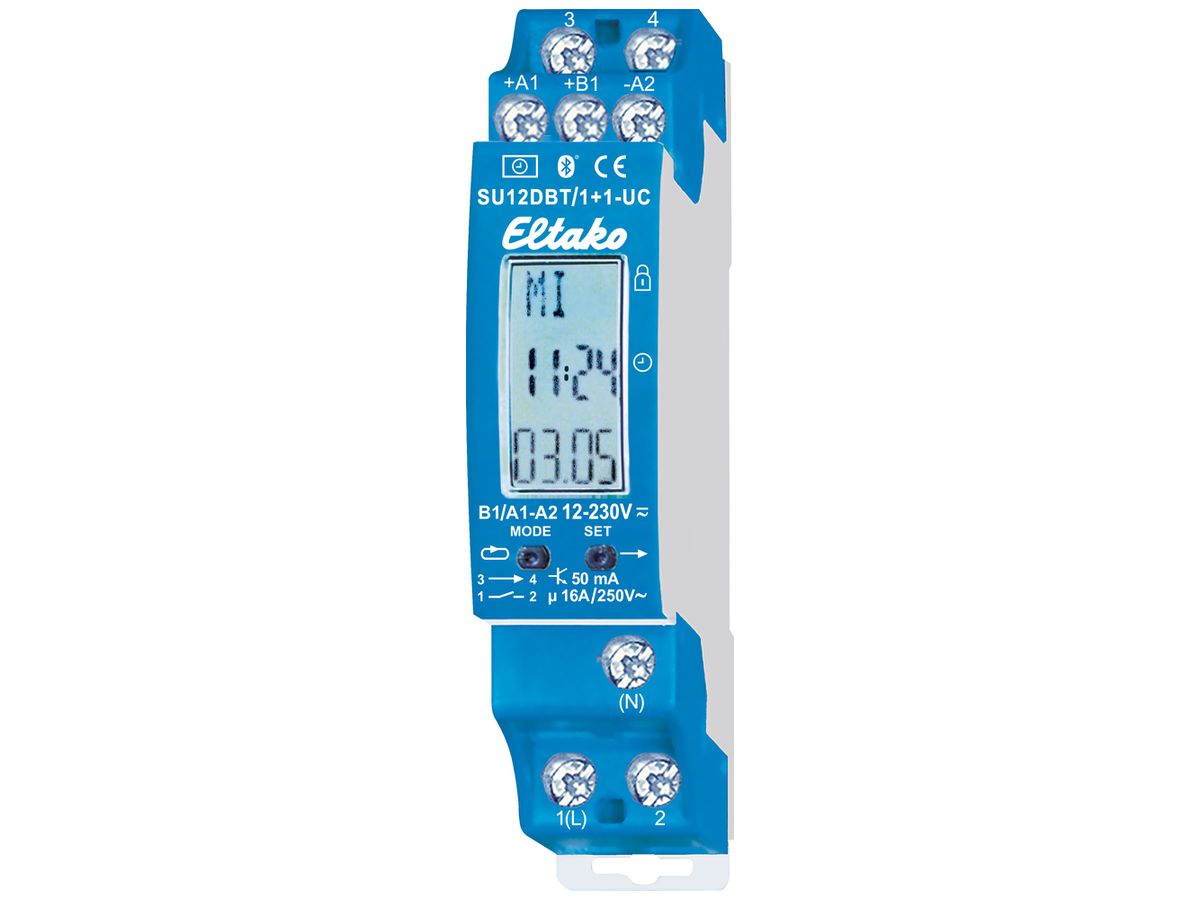 REG-Schaltuhr Eltako SU12DBT/1+1-UC, 12…230V, 1S 16A/250V, 1×OptoMOS, Bluetooth