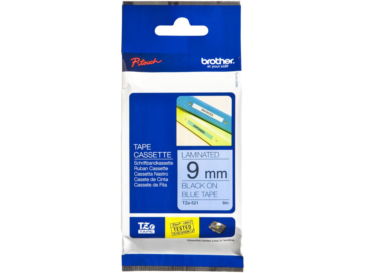 Schriftbandkassette Brother TZe-521, 9mm×8m, blau/schwarz