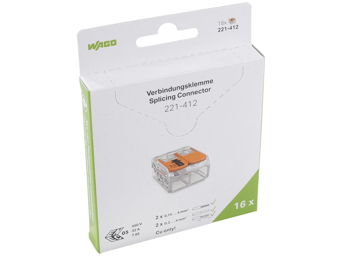 Dosenklemme WAGO 221-412 in Blister 16 Stück 2L 0.2…4mm² 32A 450V