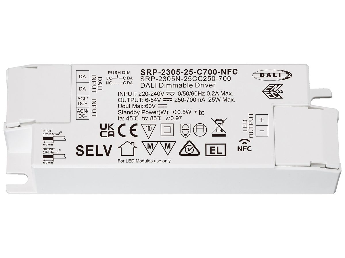 LED-Betriebsgerät SUNRICHER SRP-2305N-25CC250-700 1.5…25W 6…58V 250…700mA DALI