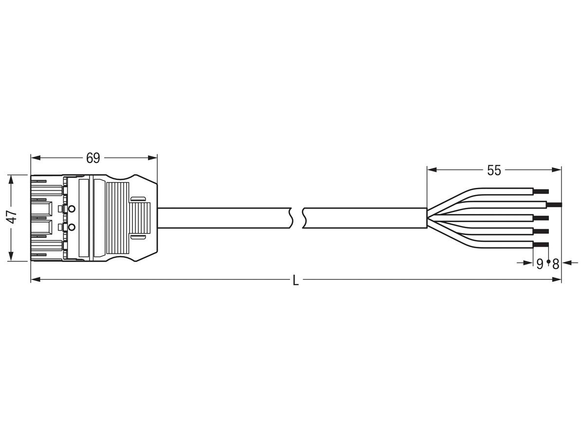 Anschlussleitung MIDI 5×1.5mm² 16A 400V 1m Cod.A Stecker-freie Ende schwarz Cca