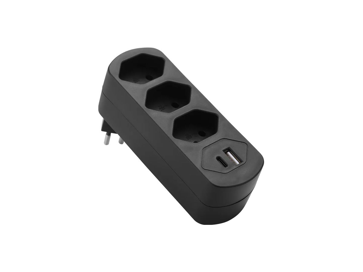 Mehrfach-Stecker ELBRO 10A 3×T13 2×USB schwarz