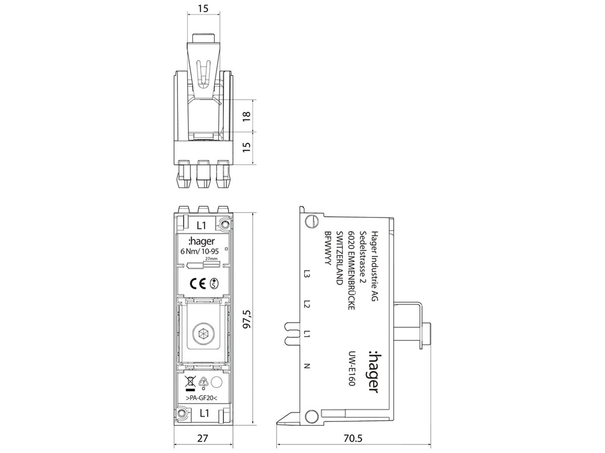 Einspeisemodul Hager uniway 160A, N, ohne Abdeckhaube, Breite 27mm