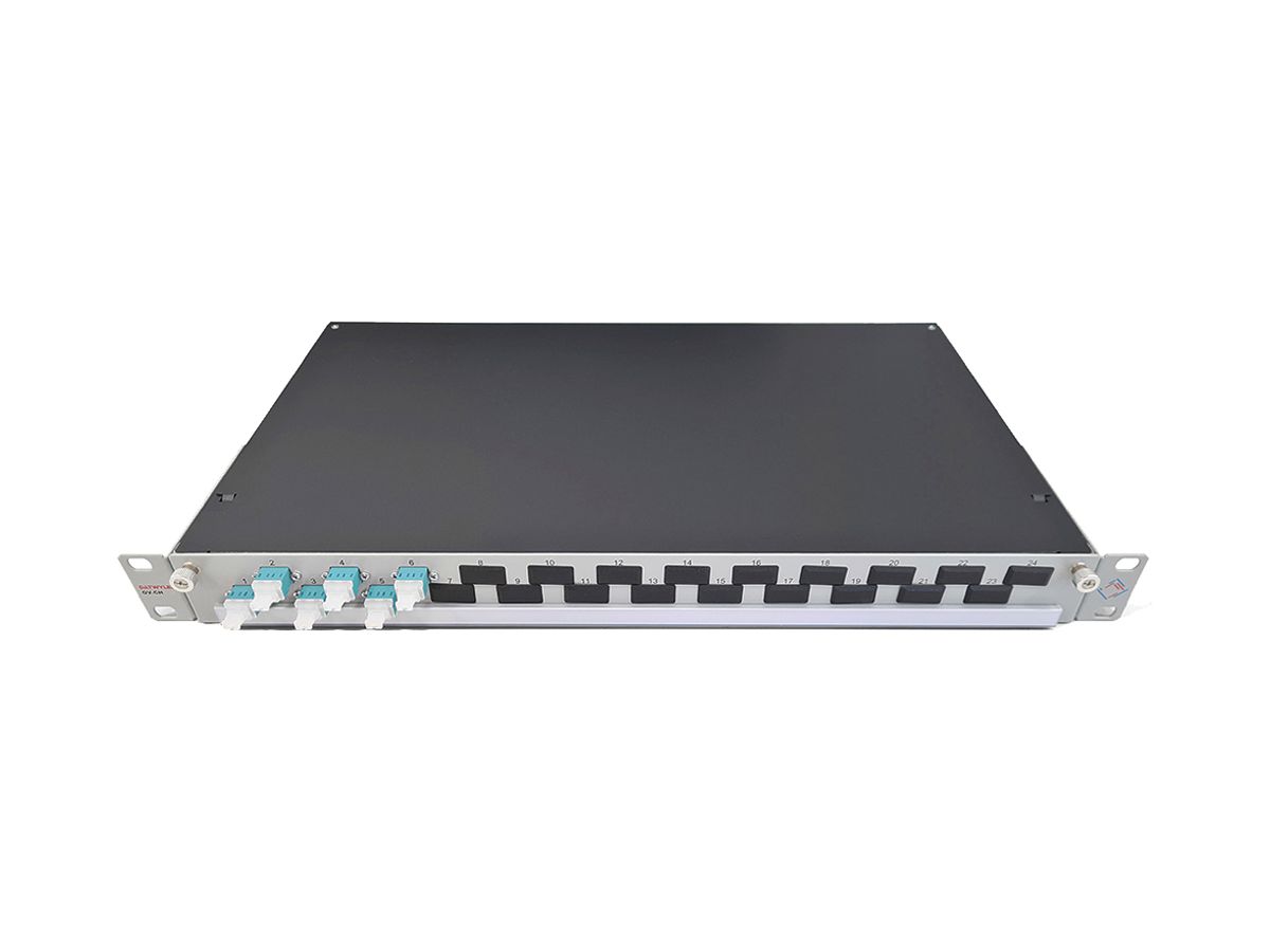 Spleissbox 19" Dätwyler OV-CH 6×LCD/PC türkis OM3 versetzt 1HE Silber