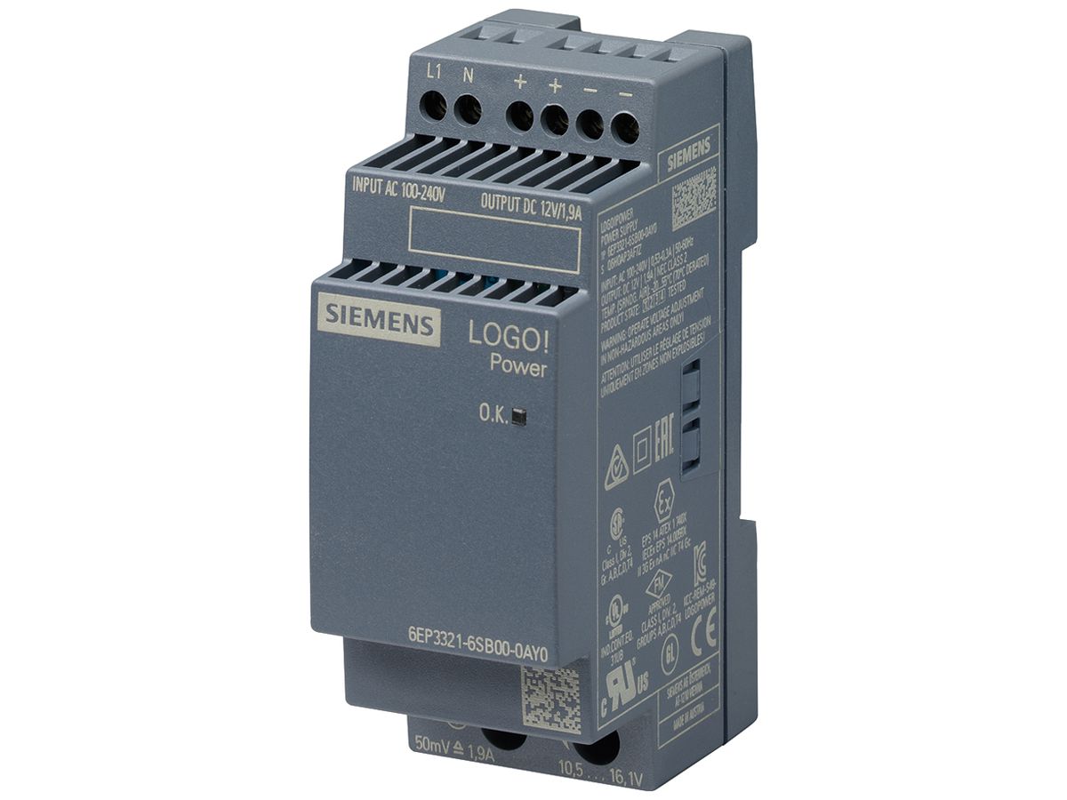 Stromversorgung Siemens LOGO!POWER, IN:100…240VAC, OUT:12VDC/1.9A, 2TE