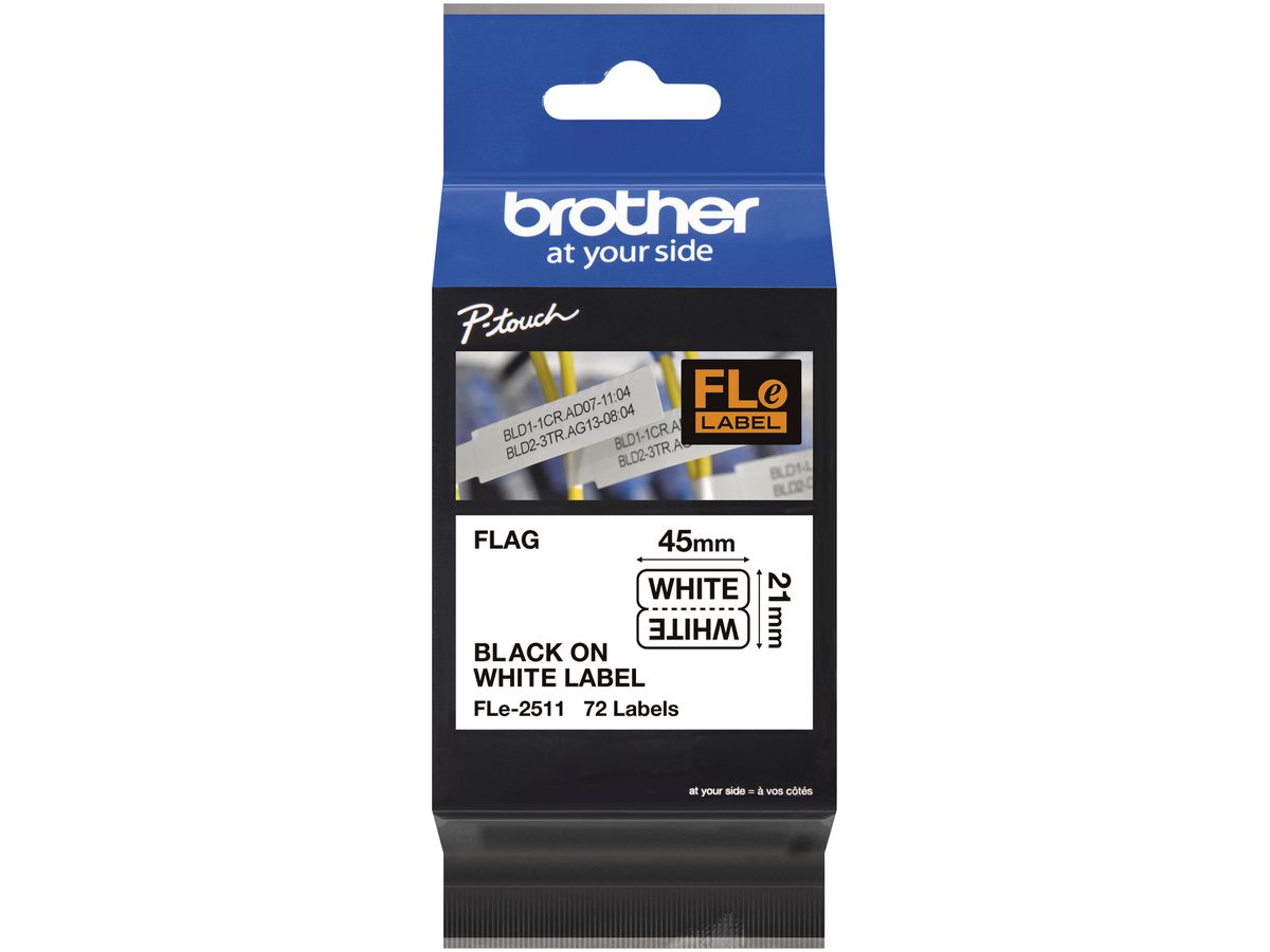 Schriftbandkassette Brother FLE-2511 45×21mm×72 Stück weiss-schwarz