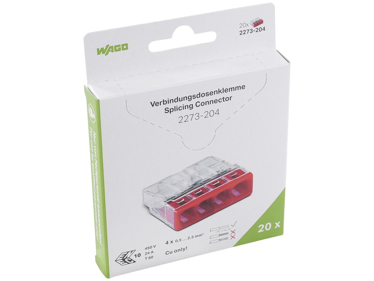 Verbindungsklemme WAGO 2273-204 in Blister 20 Stück 4L 0.5…2.5mm² 24A 450V