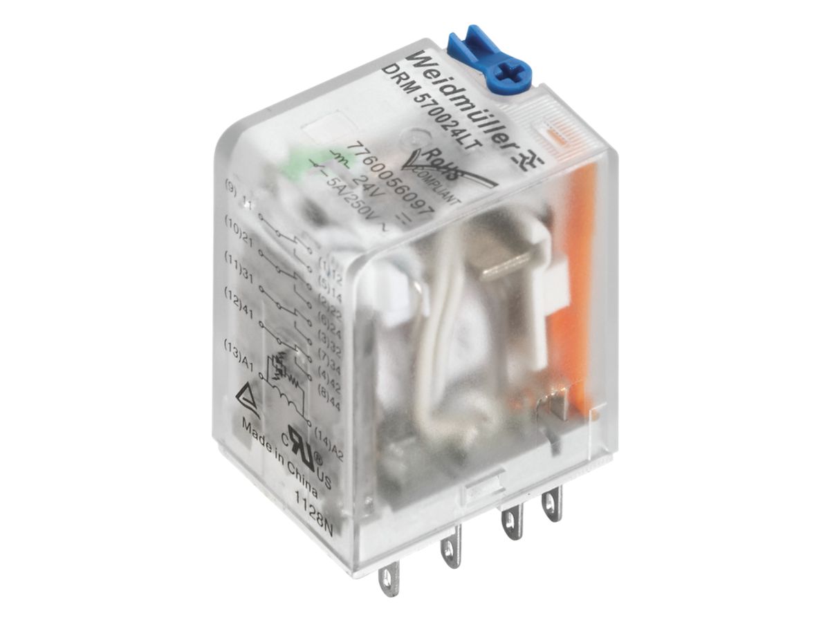 Relais Weidmüller DRM 24VDC, LED grün, 4W mit Prüftaste, 250VAC, 5A