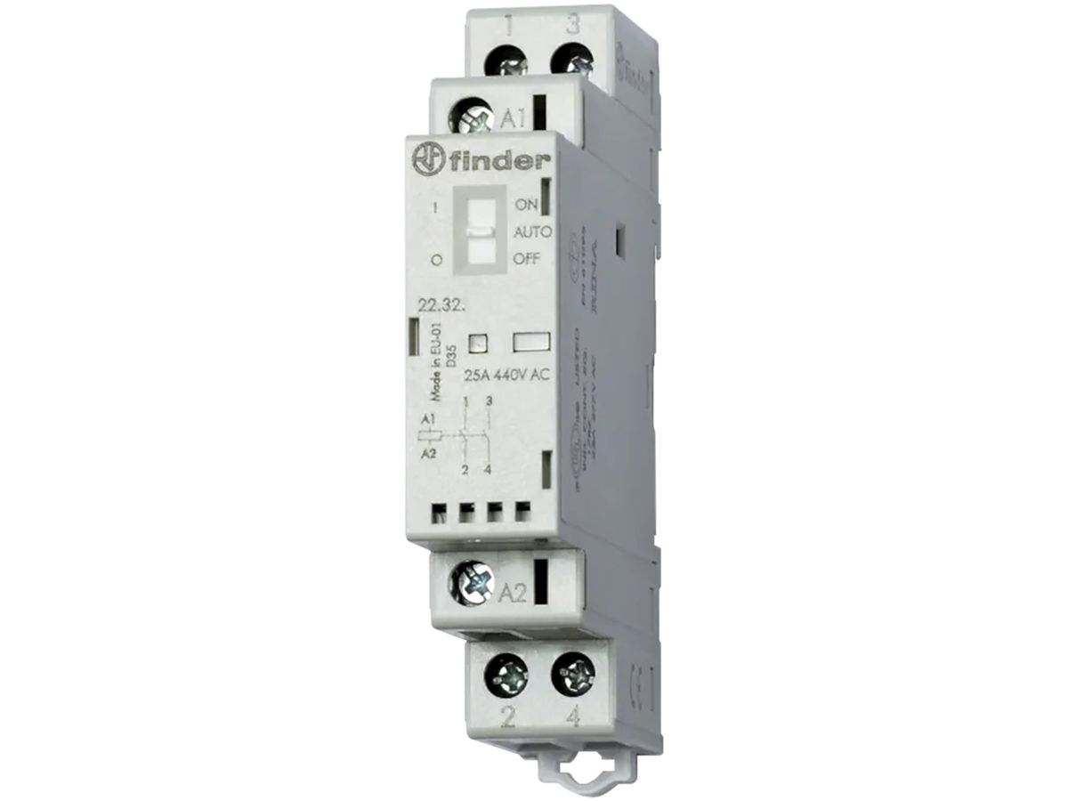 REG-Schütz Finder 22.32, 230VUC, 2S 25A/440VAC AgSnO2, LED+Schalter
