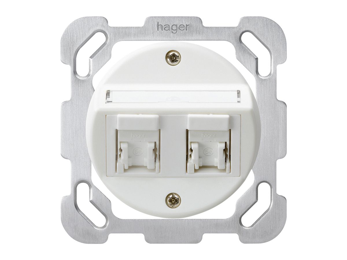 UP-Einsatz basico B Kat.5e 2×RJ45/u mit Befestigungsplatte Schrägauslass weiss
