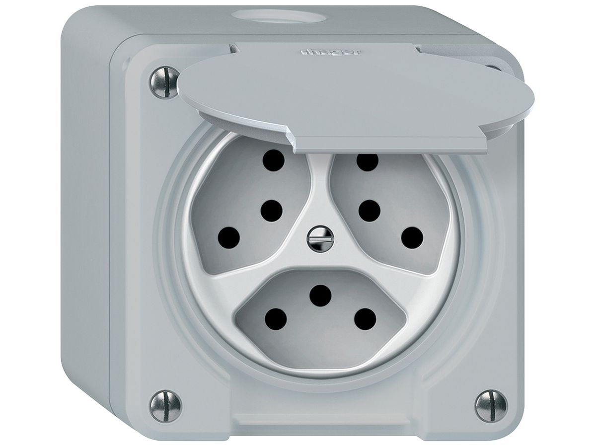 AP-Steckdose robusto 3×T13 10A 250V 86×86mm IP21 grau