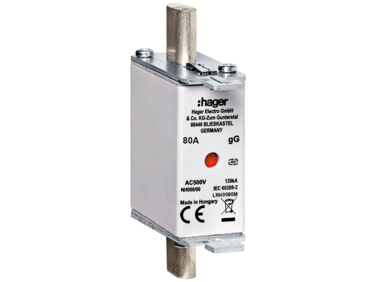 NH-Sicherung Hager DIN000 500VAC 80A gG/gL Doppelkennmelder rostgeschützt