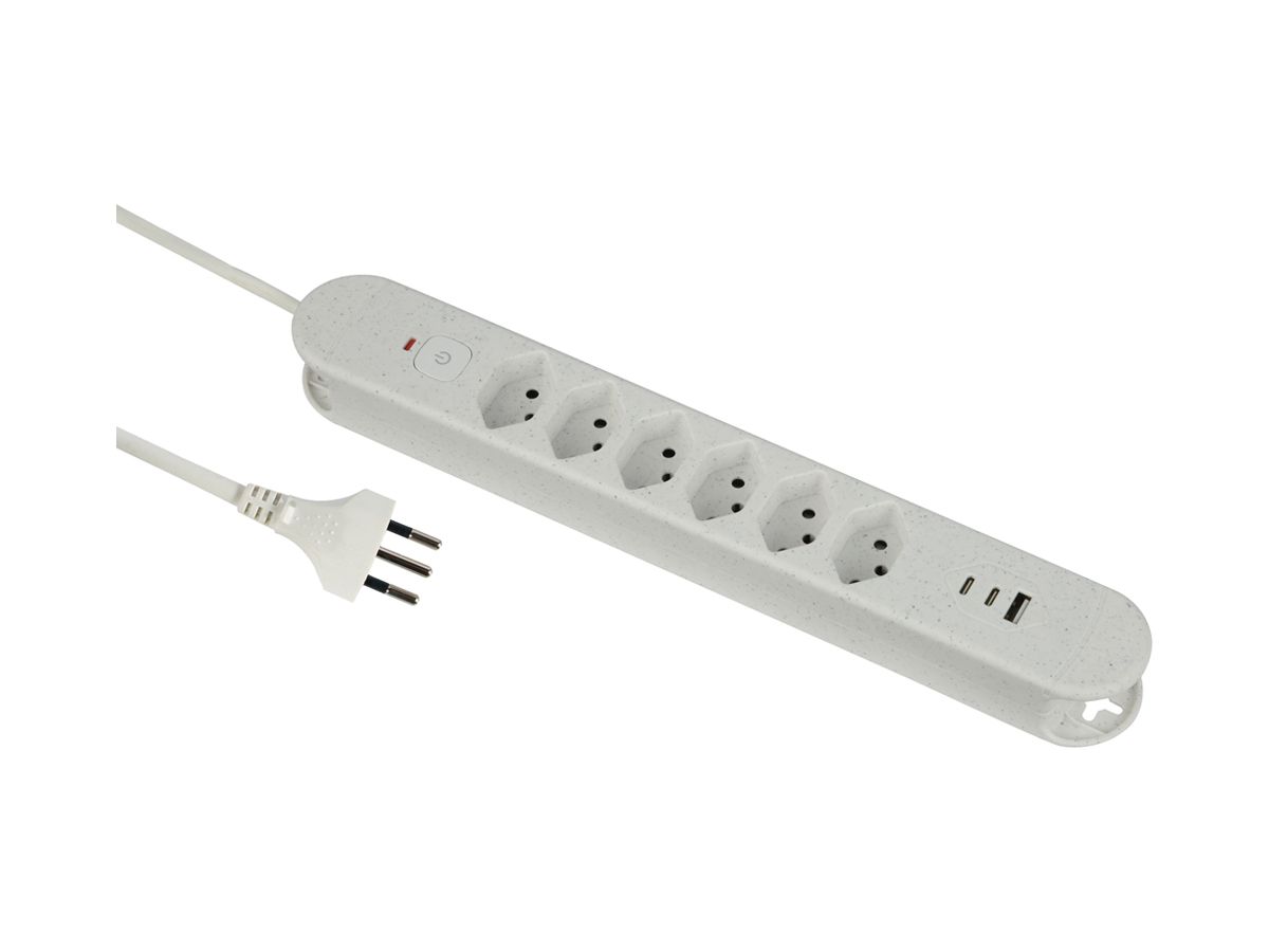Steckdosenleiste Re:Life 10A Mit Ein-/Ausschalter 6×T13 3×USB 1.8m weiss