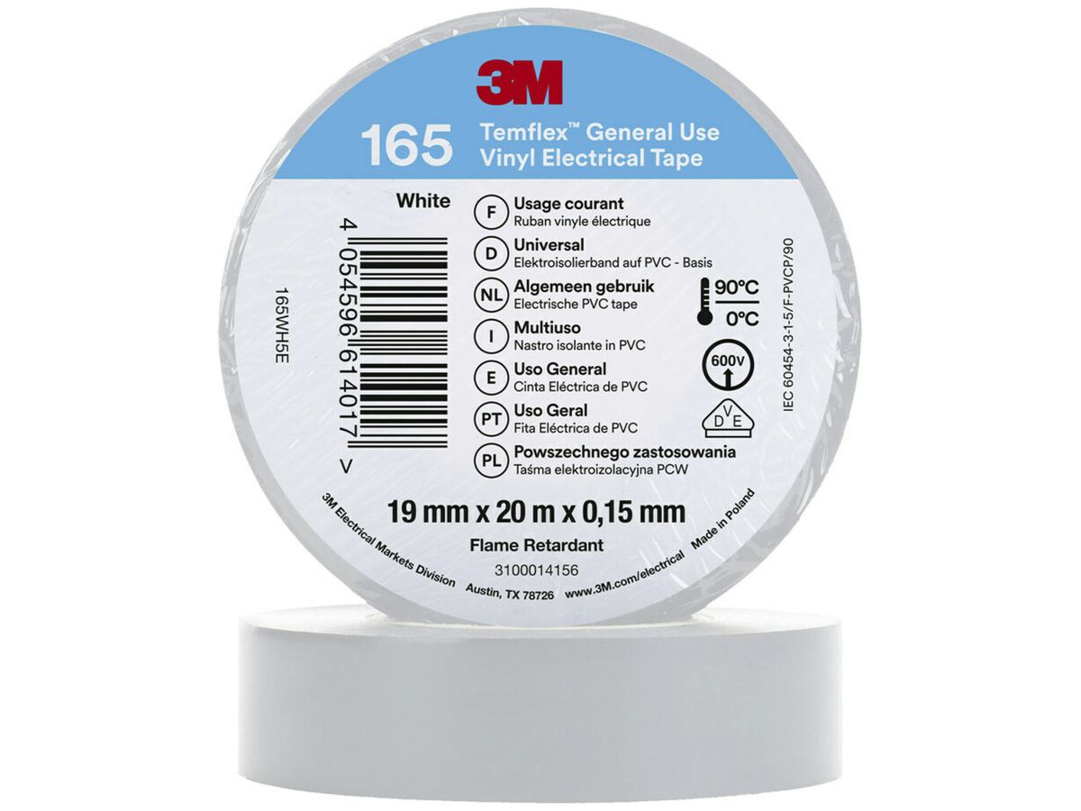 Isolierband 3M Temflex 165 19mm×20m×0.15mm weiss VDE 600V 0…90°C