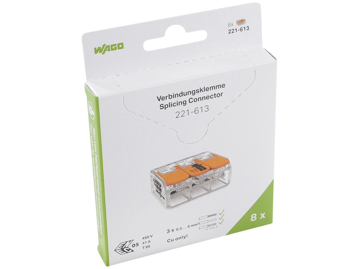 Dosenklemme WAGO 221-613 in Blister 8 Stück 3L 0.5…6mm² 41A 450V