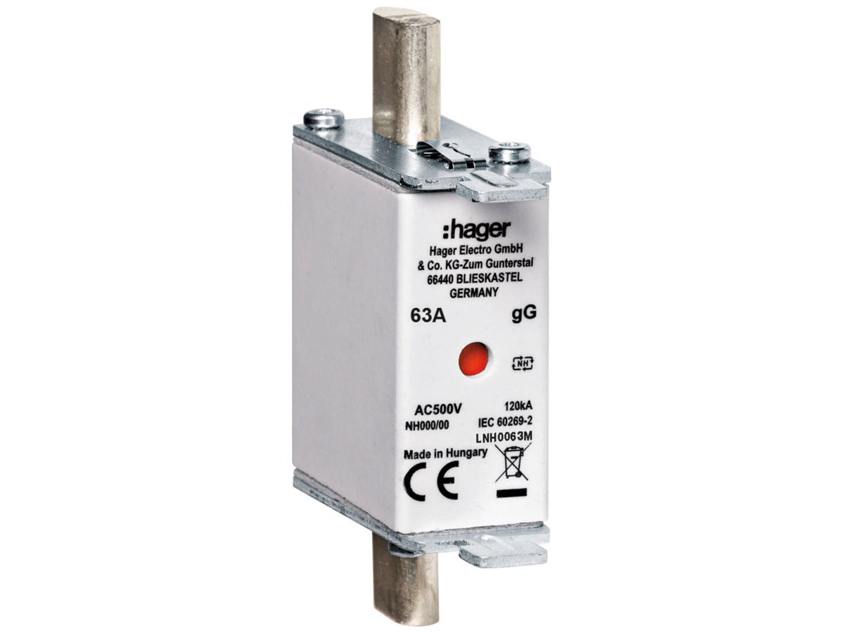 NH-Sicherung Hager DIN000 500VAC 63A gG/gL Doppelkennmelder rostgeschützt