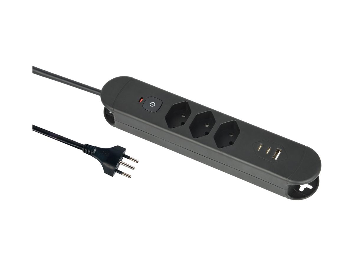 Steckdosenleiste Re:Life 10A Mit Ein-/Ausschalter 3×T13 3×USB 1.8m schwarz