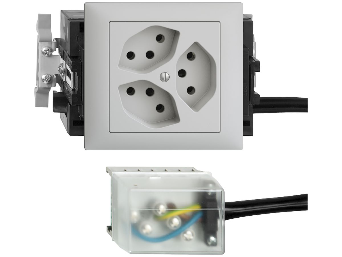 EB-Steckdose EDIZIOdue 3×T13 L2 53mm hellgrau für Flachkabel Powerbus