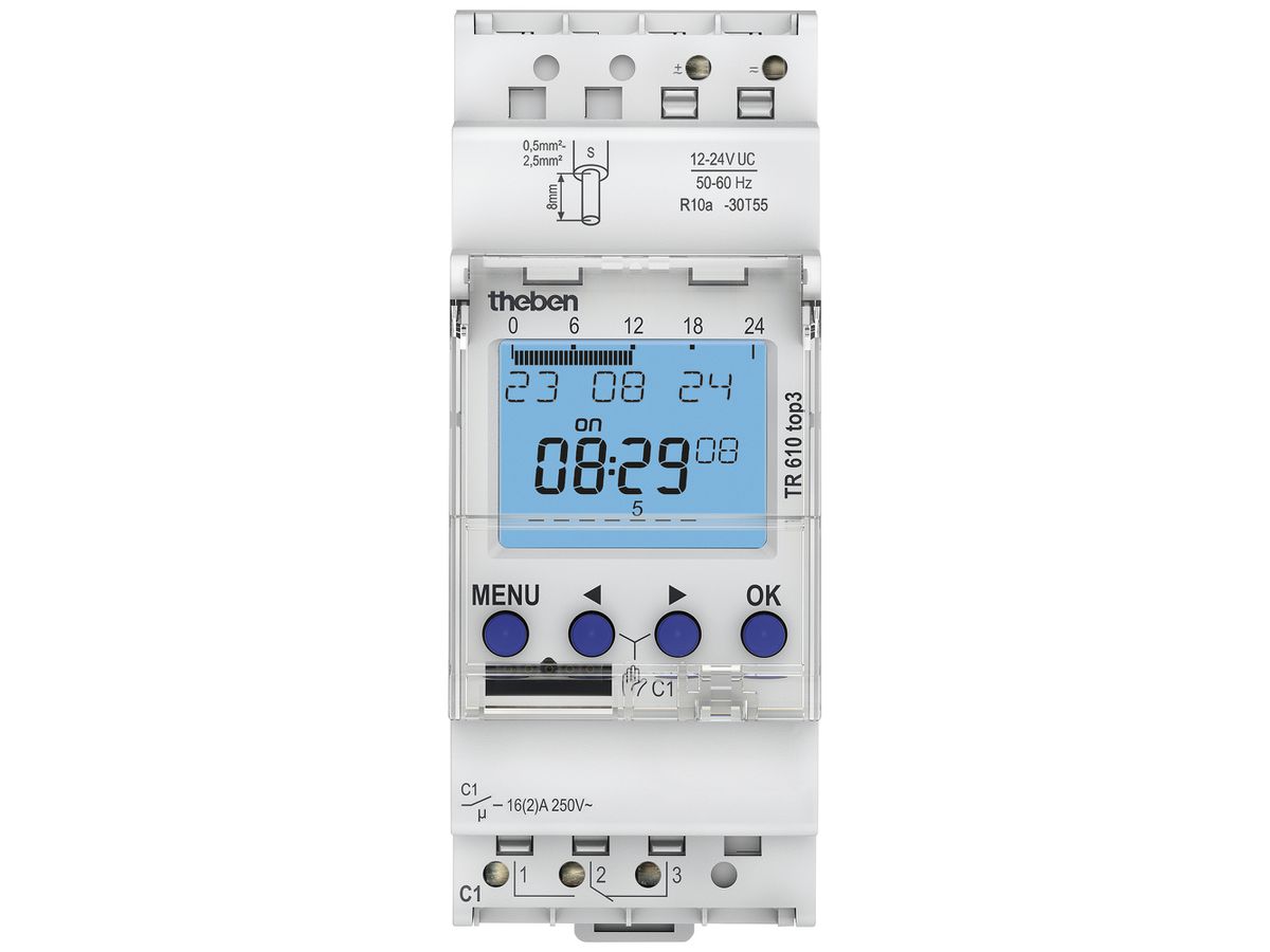REG-Schaltuhr digital Theben TR 610 12…24V 16A Wochenprogramm 1-Kanal